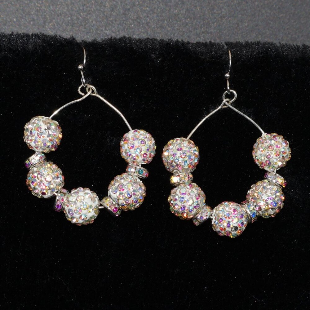 Large round aurora borealis rhinestone silver hoop earrings with rhiestone beads